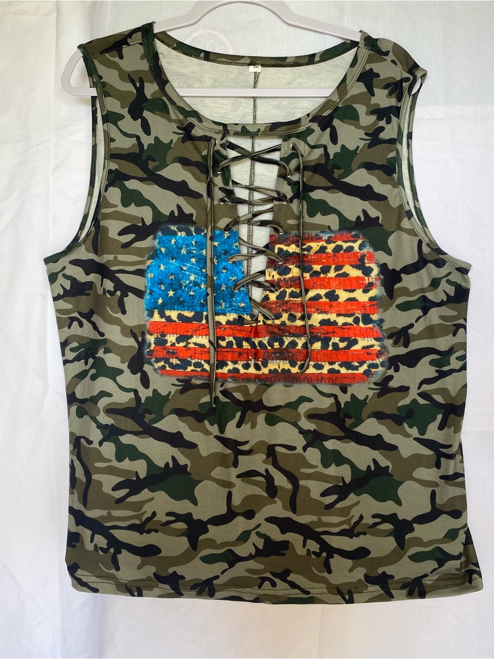 2XL Camouflage Americana USA Flag Patriotic LaceUp Grommet Sleeveless Women tank